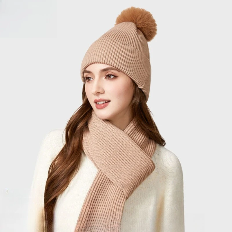 knitted-hat-scarf-set-european-american-autumn-and-winter-thickened-hairball-wool-hat-outdoor-ear-protection-warm-hat