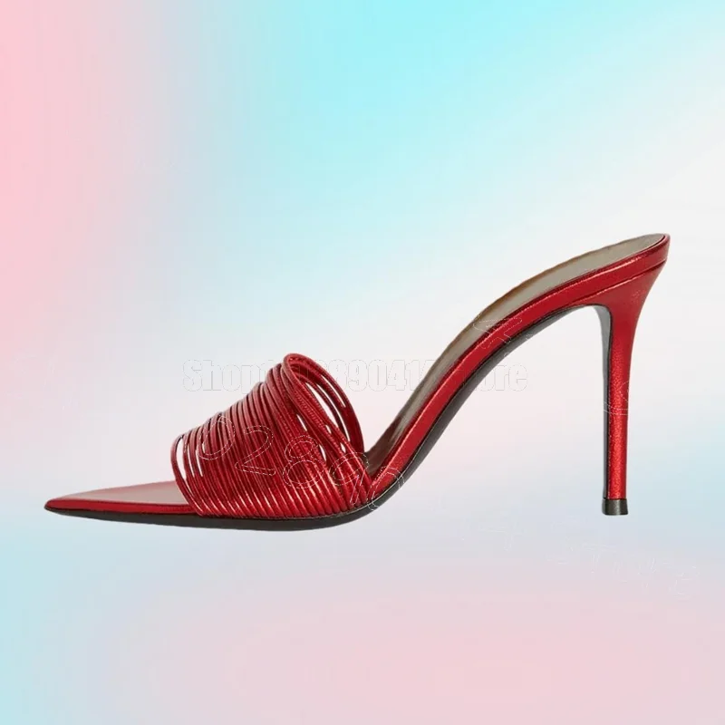 

Red Strappy Stripe Design Open Toe Slippers Slip On Women Shoes Thin High Heels Party Banquet Dating 2026 Zapatos Para Mujere