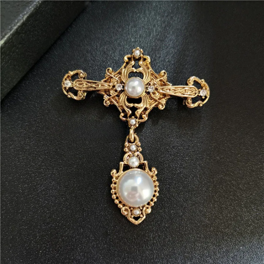 Retro Baroque Ornament Vintage Cross Pearl Women's Silk Scarf Buckle Pin Brooch Corsage Wholesale