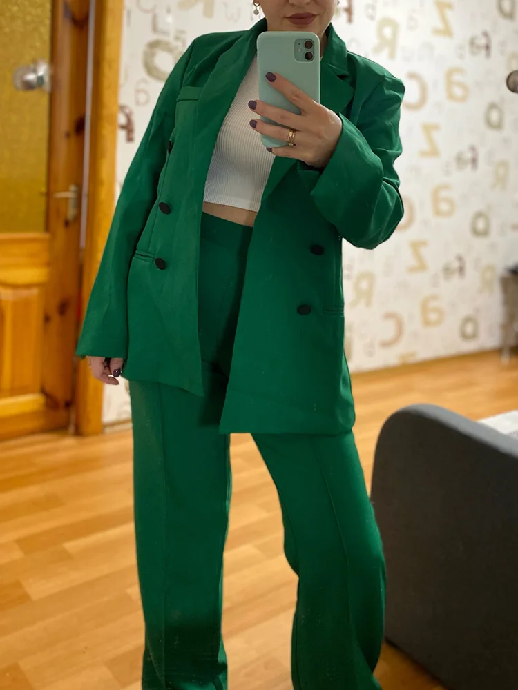 Women\'s Trouser Suit Green Blazer Pant Suits Autumn Women\'s Formal Outfits Office Lady Pants Sets Double Breasted Solid  Blazer