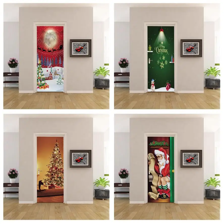 

Рождественский Декор, дверная наклейка, обои с Санта-Клаусом, снеговиком, самоклеящийся ПВХ Съемный Плакат, наклейка, украшение на Рождество, Фреска для дома