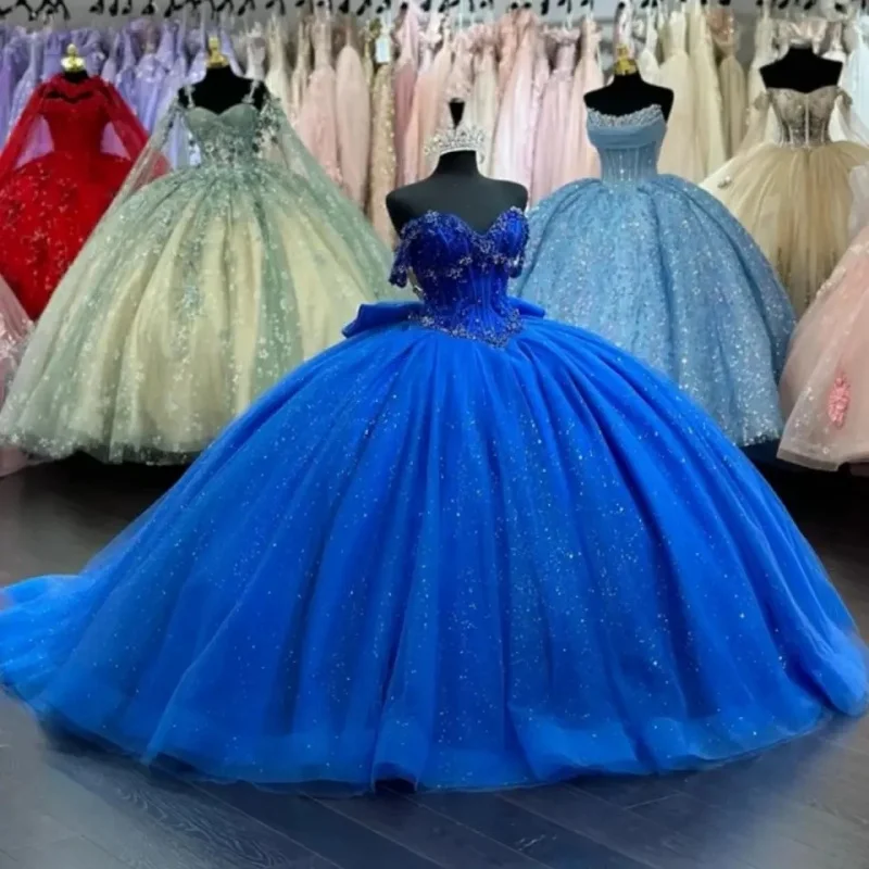 Vestido de baile Quinceanera Glitter, 16 anos, Azul Royal, Laço Applique, 15 vestido mexicano, Querida