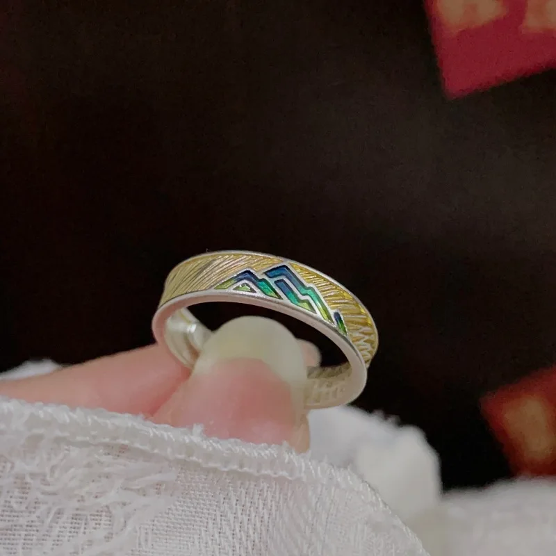 New Chinese style gold stroke auspicious cloud ring solid thousand mile country style retro enamel adjustable women's jewelry