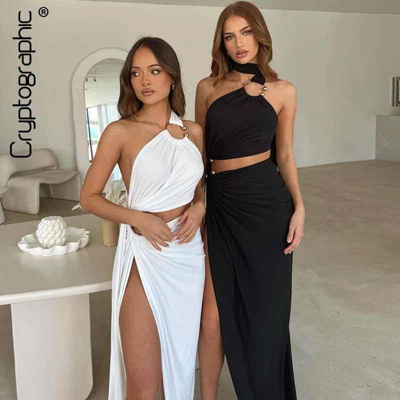 Moda kryptograficzna seksowna wycięta sukienka Maxi z odkrytymi plecami sukienka klubowa elegancka odzież bez rękawów asymetryczna sukienki z rozcięciem