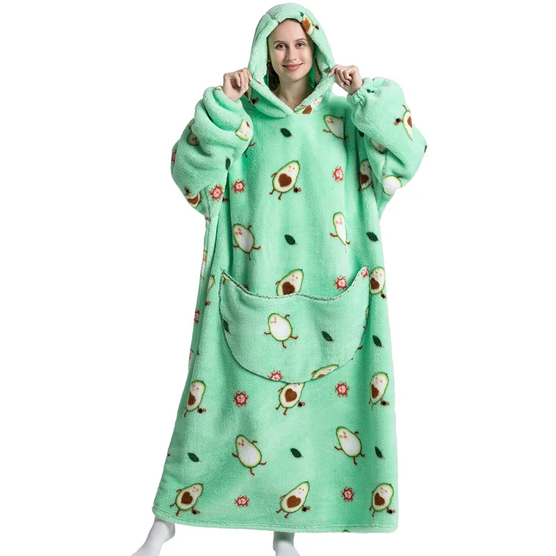 Long Winter Women Robe Unisex Flannel Fleece Hooded Blanket with Big Pockets Warm Adult Homewear Family Mactching Set Sleepwear