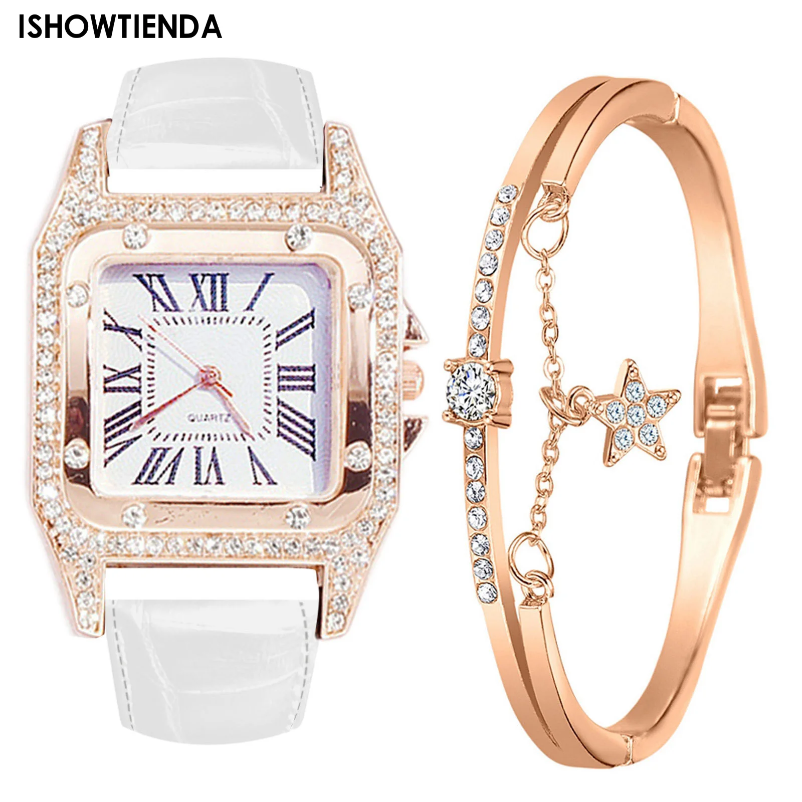 

Small Square Watch With Diamond Jewelry Women's Quartz Wristwatches Star Bracelet Watch Bracelet Combination Set Women Gifts