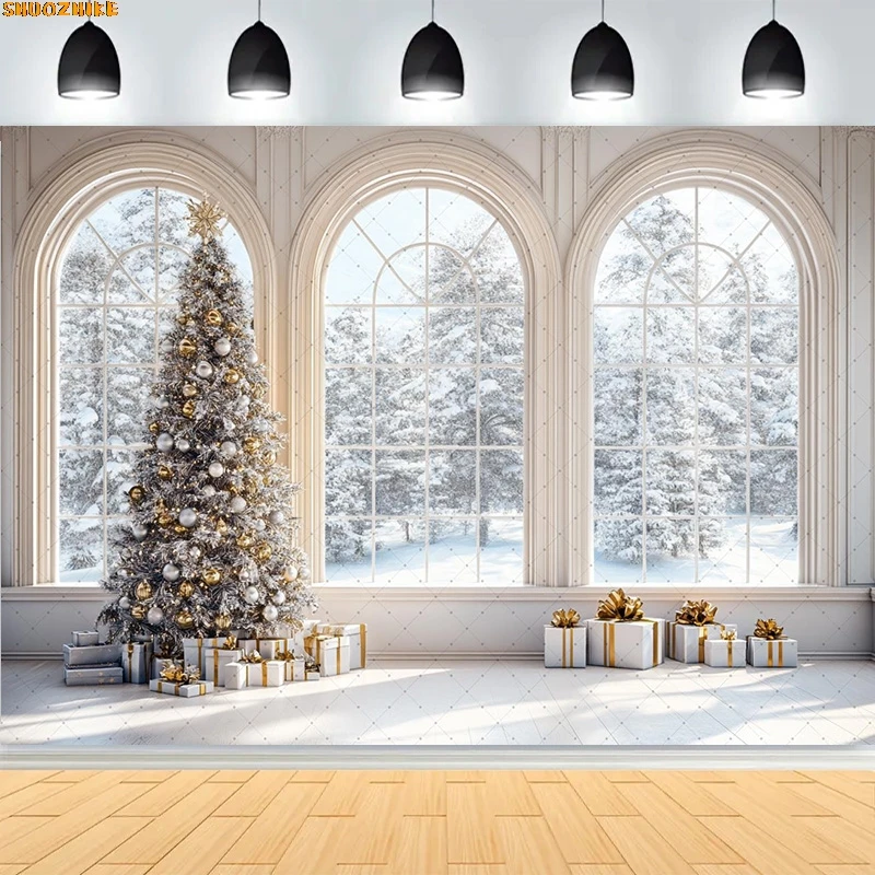 

Christmas Day Wreath Family New Year Party Photography Backdrops Prop Window Living Room Xmas Tree Gift Snow Background WD-36