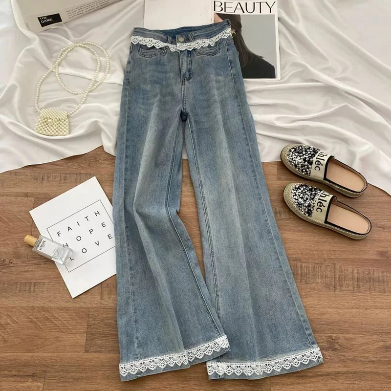 

Новые женские джинсы-клеш с высокой талией, винтажные, с кружевными вставками, широкие, в стиле Y2K, уличная мода, ретро, повседневные брюки