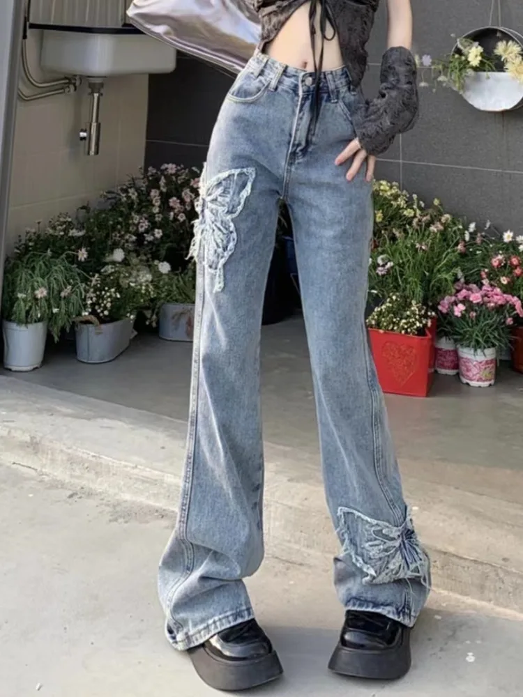 

Retro Butterfly Embroidered Jeans For Women Autumn New Hot Girls High Waist Washed Micro Trumpet Floor-Mopping Pants Trendy