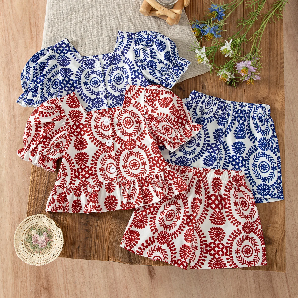 Children's Top and Bottom Clothes Set Retro Print Puff Sleeves Square Neck Shirred Ruffles Tops with Print Baby Girl Shorts