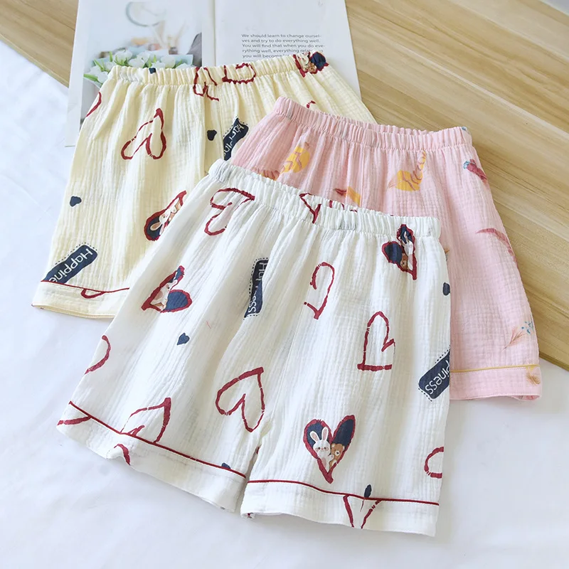 

2024 New Summer Shorts 100% Cotton Crepe Cute Cartoon Sleepwear Large and Thin Home Shorts Lounge Wear Bottoms Womens