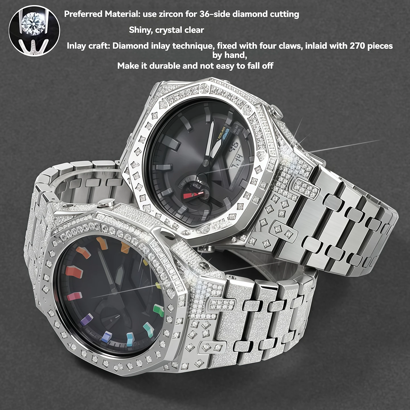 Luxury Diamonds Stainless Steel Case & Strap Mod Kit For Casioak GA-2100/2110/B2100 Series DIY Watch Modification Accessories