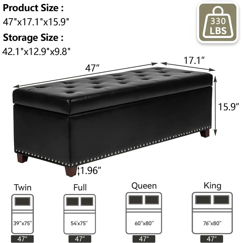 47 Inch Storage Ottoman Bench Tufted Leather with Nailhead Trim for Bedroom, Black