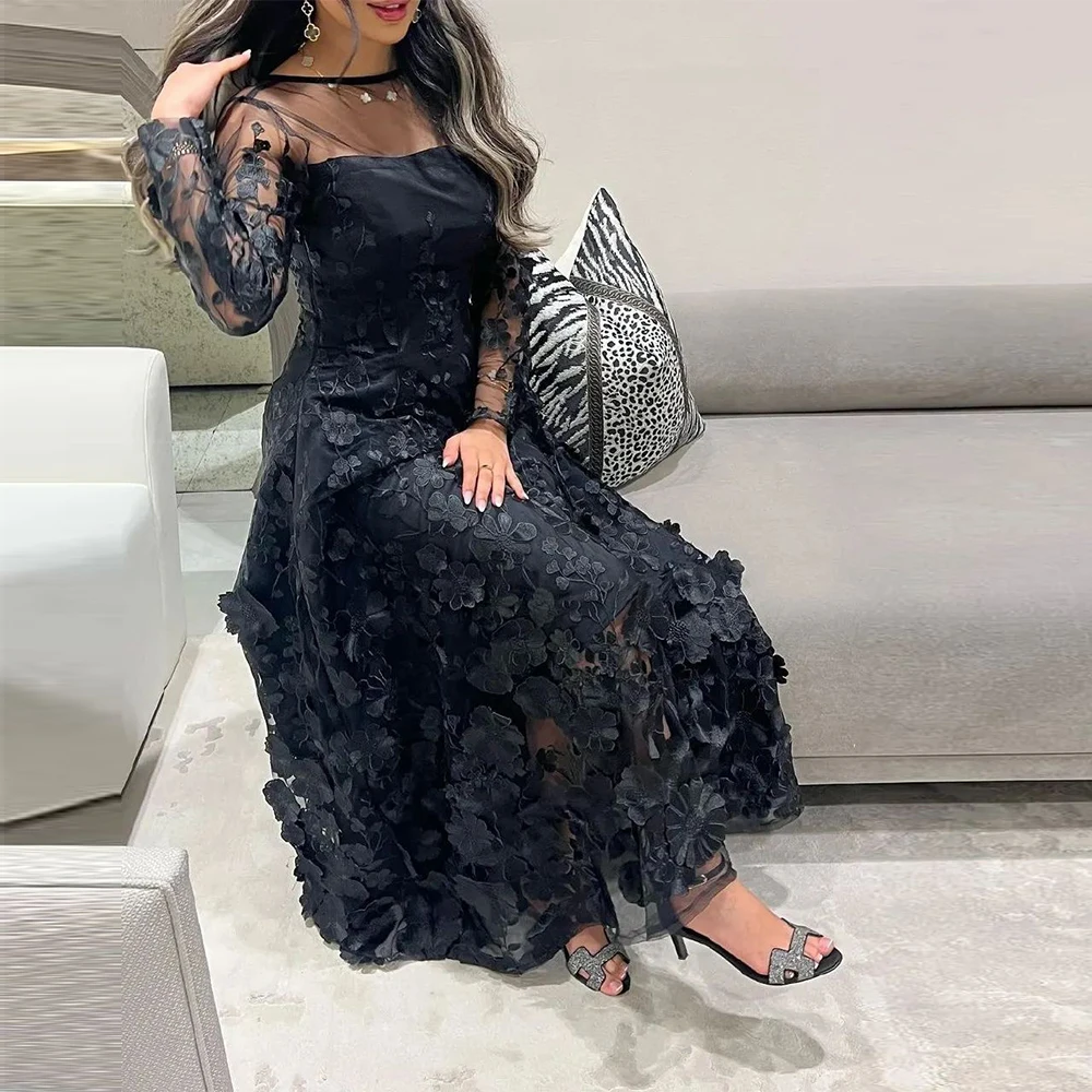 Luxury Dubai Long Sleeves Embroidered Flower Lace Evening Dress Customized Ankle Length Formal Ocassion Gown فساتين سهره