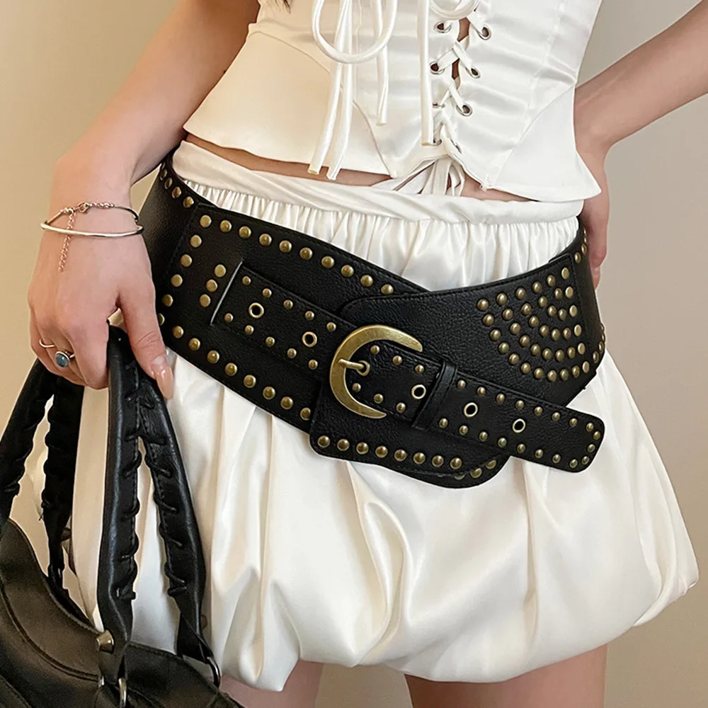 Punk Leather Wide Waist Belt Corset for Womens Hollow Out Cummerbunds Concave-shaped Waistband Adjustable Belt Rivet DIY Vintage