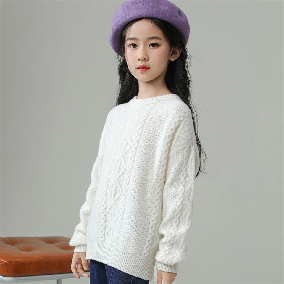 Winter New sweater childrens superior quality 100% pure wool Girl solid color round neck Pullover shirt Leisure warmth Kids Tops