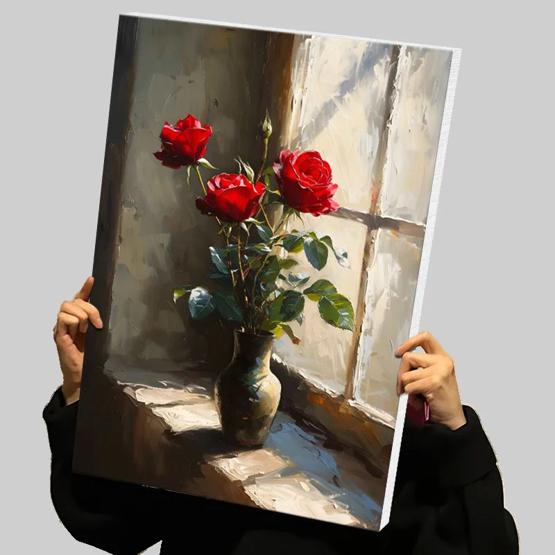 Red Roses By Window Prints Poster Custom Canvas Painting Wall Art Gaming Room Decoration Modern Abstract Canvases Home Decor