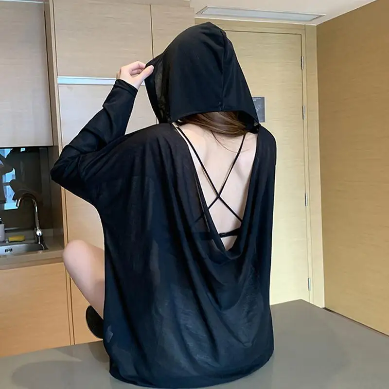 Korean White Thin Loose Backless T Shirts Spring Summer New Long Sleeve Hooded Solid Sexy Hollow Out Y2K Fashion Women Clothing