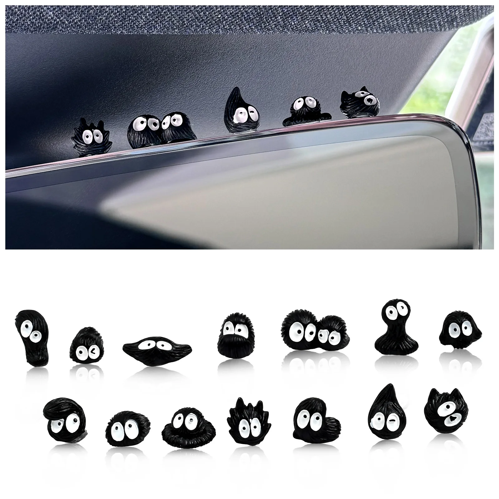 14pcs Cute Little Coal Ball Black Elf Car Interior Decoration Funny Auto Center Console Rearview Mirror Ornaments For Car Access
