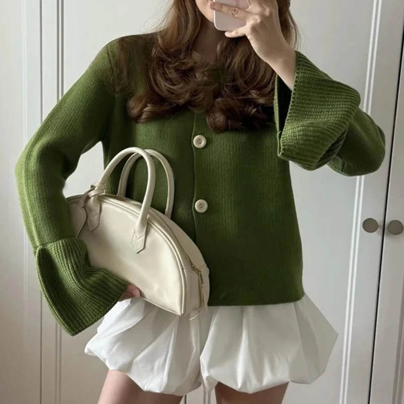

Chic Women's O Neck Sweater Solid Ribbed Flare Sleeve Single Breasted Knitted Cardigan 2025 New Autumn Casual Commute Cardigans