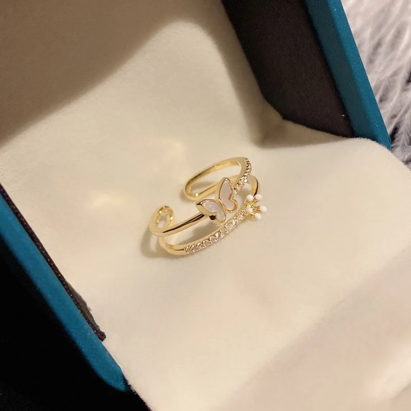 Light Luxury Fashion Double Layered Zircon Butterfly Adjustable Ring For Women Cute Fine Jewelry Niche Design Insect Accessories
