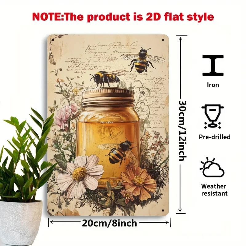 8x12inch Vintage Bee Honey Jar and Flower Metal Tin Sign, Suitable for Vintage Wall Decoration in Living Room, Bedroom, or Garden
