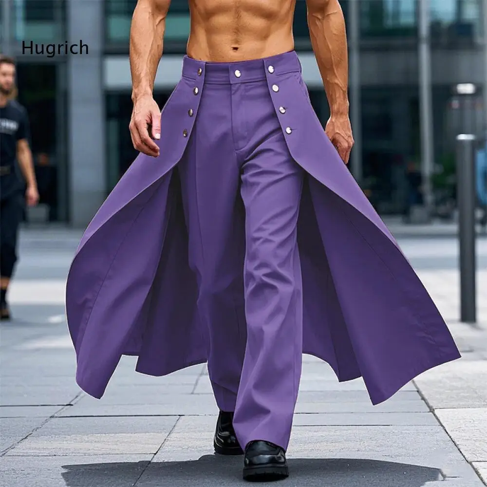 Gothic Clubwear Mens Loose Trousers Long Skirt Overlay On Sides Metal Buttons Detail Wide Leg Cut For Special Occasion Outfits