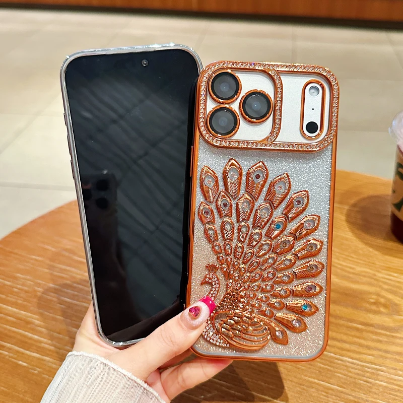 Neue Luxus Einfarbig Überzug Glitter Pfau Stoßfest Telefon Fall Für iPhone 17 Pro Max 15 13 14 16 Pro max Stoßstange Zurück Abdeckung