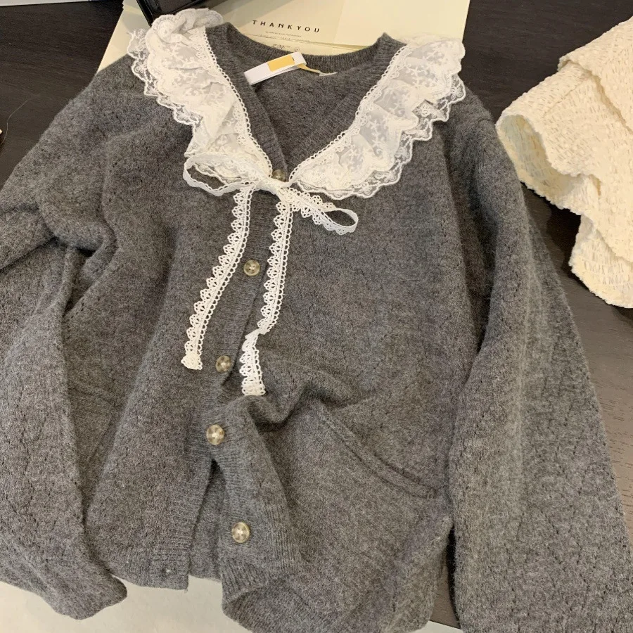 New Chic Women Grey Lace Ruffle V Neck Knitting Cardigan Bow Tie Long Sleeve Button Down Loose Sweet Coquette Sweater Outerwear