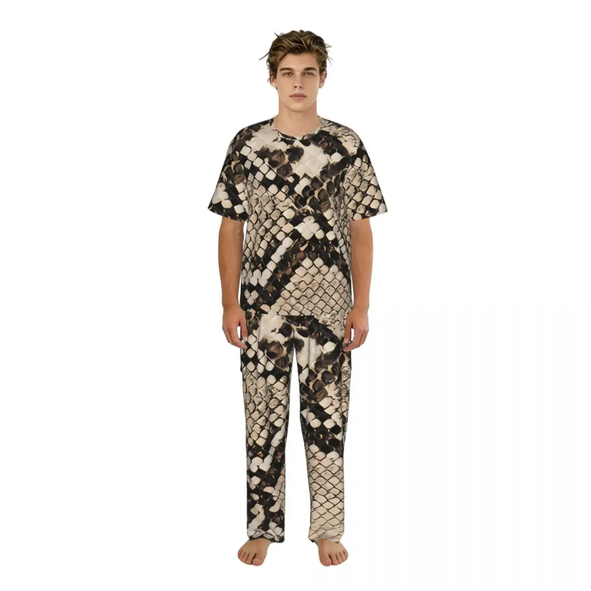 

Men's Casual Pajamas Sets Short Sleeve and Pants Sets Male Sleepwear Snake Skin Texture Home Clothes
