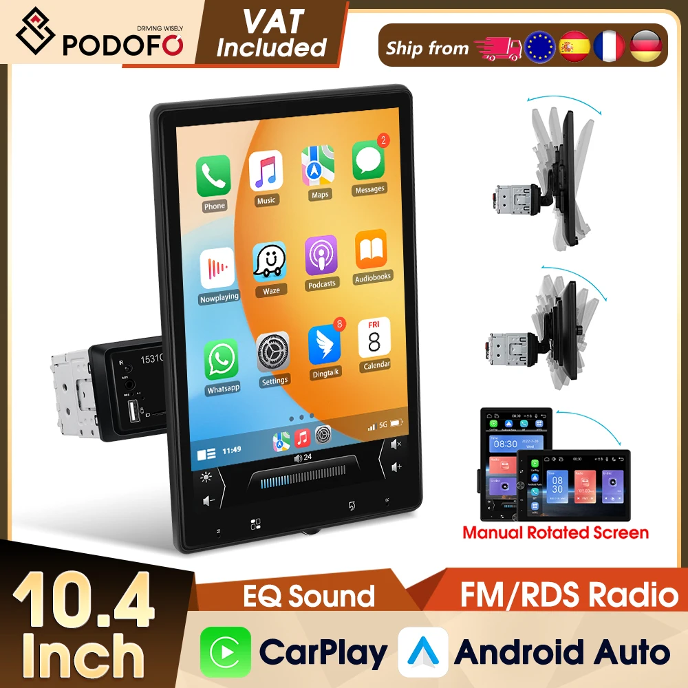 Podofo 10,4 Zoll 1Din Autoradio AHD Touchscreen Auto MP5 Video Multimedia Player FM RDS Radioempfänger Mirrorlink Bluetooth MIC