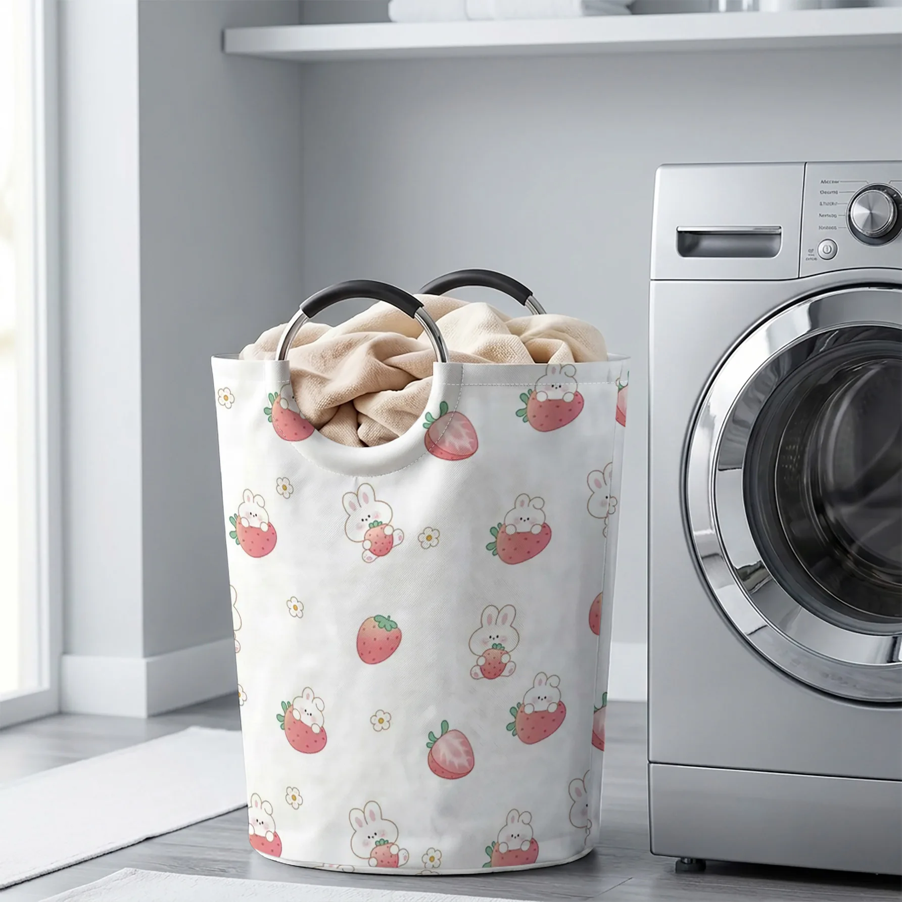 Strawberry Bunny And Flower All‑Over Print Handheld Storage Basket, For Laundry, Bedroom & Home Sundries Storage