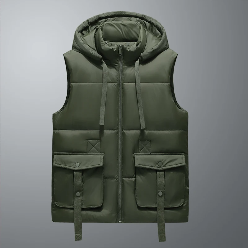 Outdoor Men's Hooded Cotton Vest Autumn Winter Warm Workwear Multi-Pocket Vest Windproof Sleeveless Shoulder Pad Jacket Vest