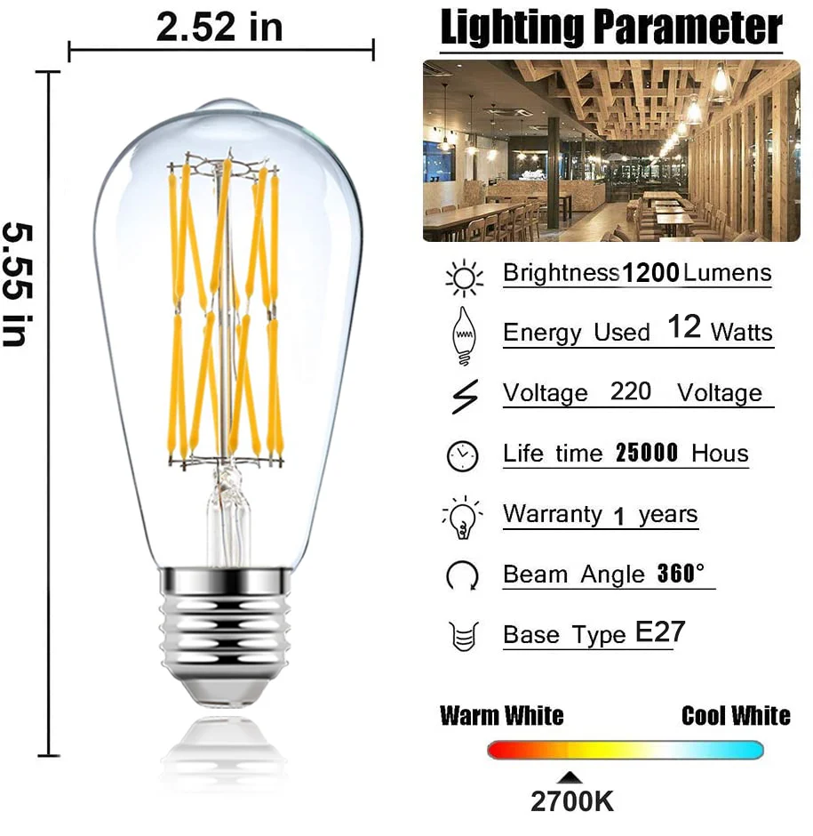 Edison LED Filament Light Bulb E27 Screw Socket ST64 12W 16W Warm White Replace 120W Incandescent Decorative Ampoule Christmas