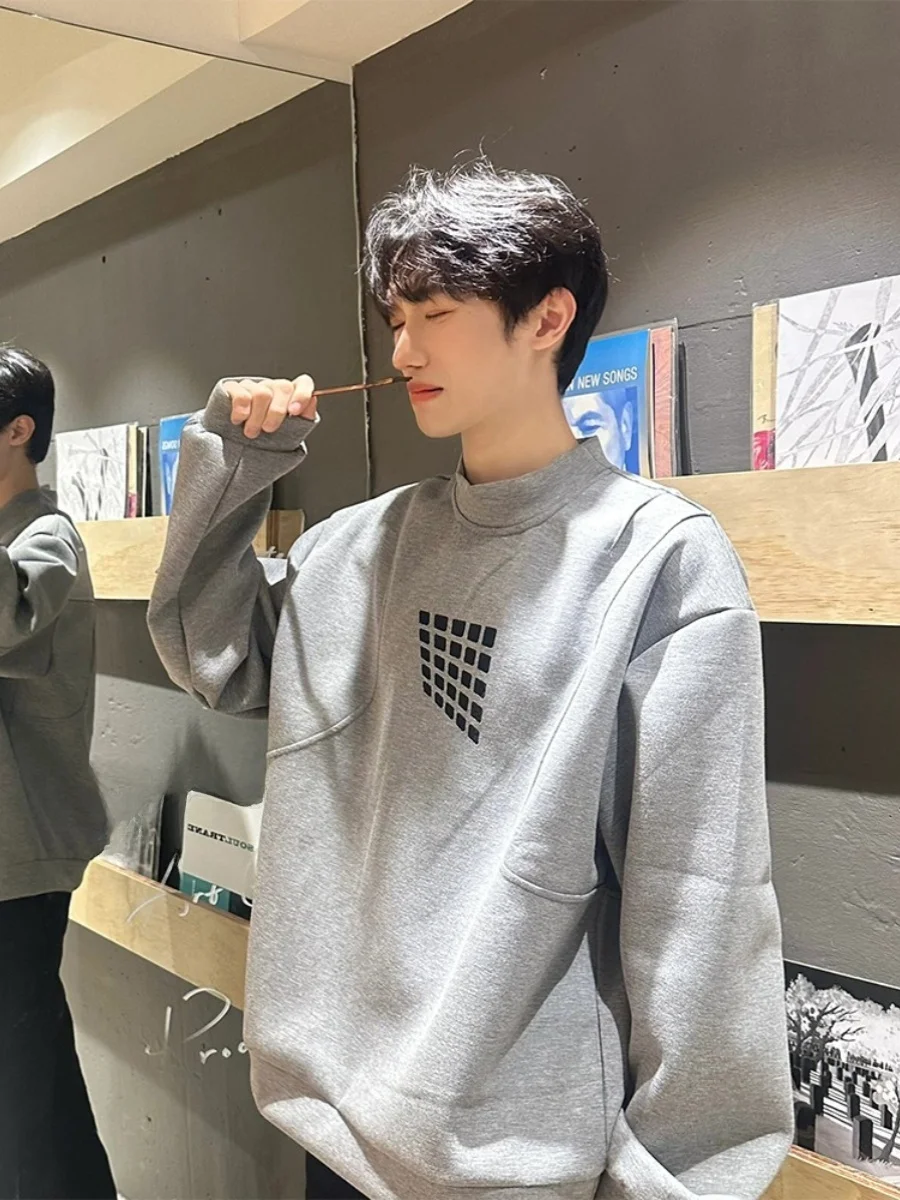 

Мужская толстовка с высоким воротником и наплечными вставками, весенняя, модная, в американском ретро-стиле, прямого кроя, с высоким воротником, для активного образа жизни