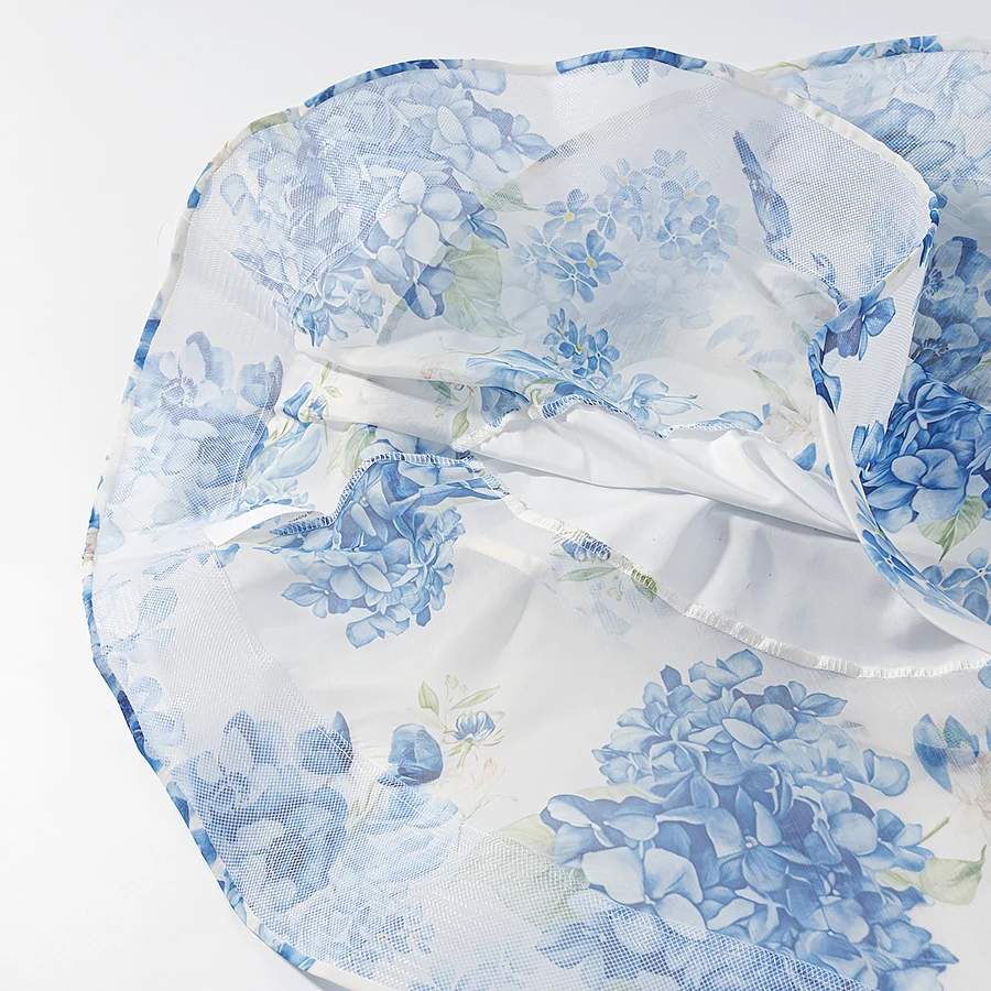 セクシーな青と白の花柄プリントミニワンショルダードレス、女性用クロスレースアップ包帯ボウホローアウトウエストスイングノースリーブドレス