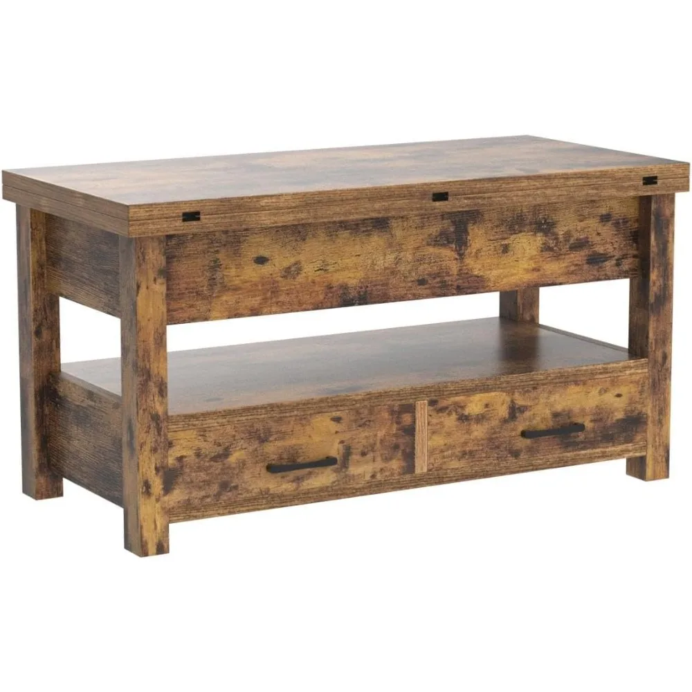 Table basse convertible multifonctionnelle avec tiroirs et compartiments cachés, dessus élévateur, marron rustique