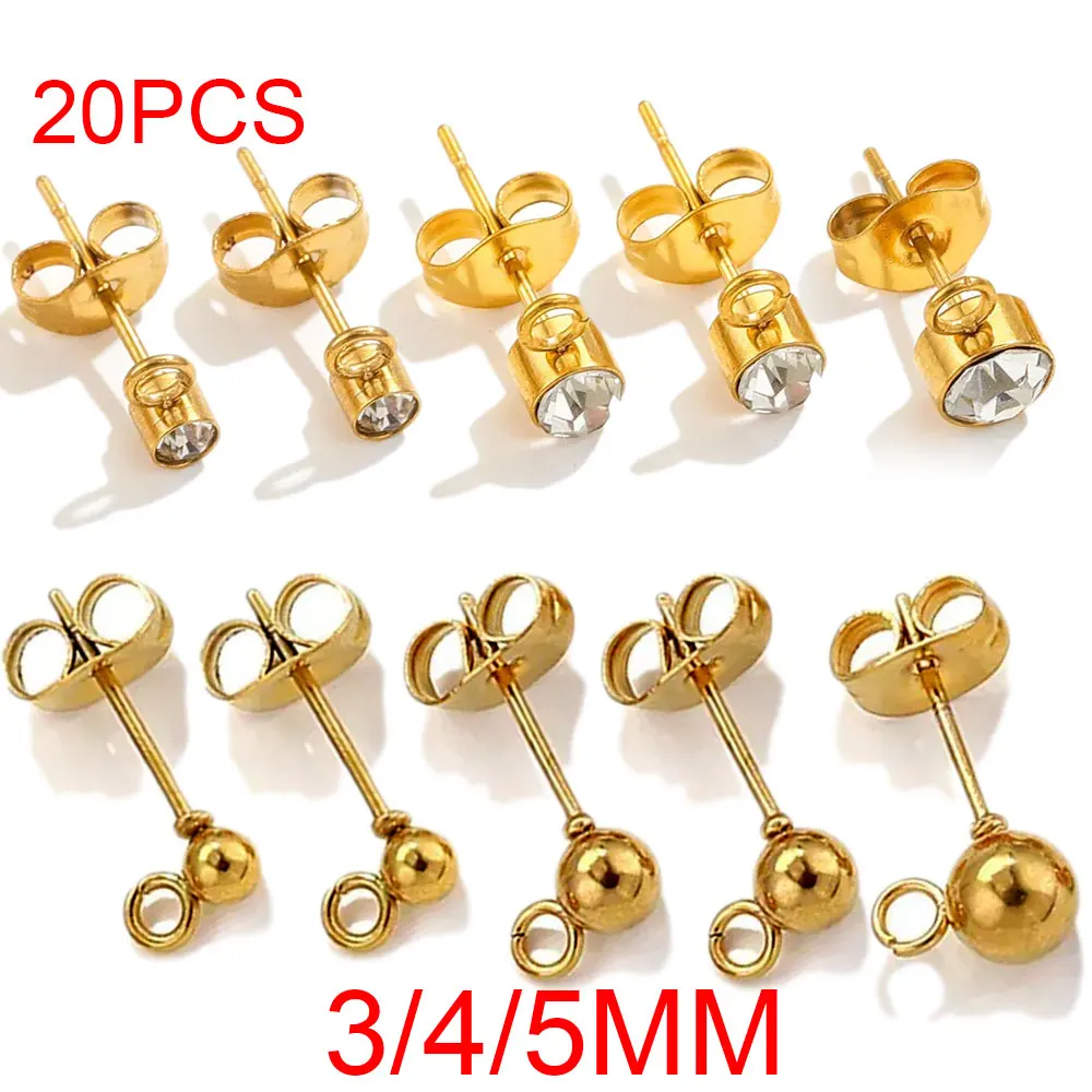 20pcs 3 4 5mm Stainless Steel CZ Rhinestone Ball Earring with Loop Fit DIY Earring Connectors Jewelry Making Supplies Wholesale