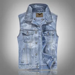 2026 New Men's Ripped Denim Vest With Wings Embroidery Streetwear Slim Fit Sleeveless Jacket Punk Style Waistcoat Plus Size 5XL