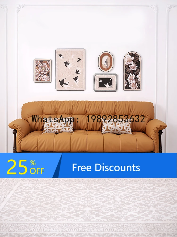 LYY French Retro Leather Sofa for Living Room Small Apartment Three-Seater Straight Row Vintage American Style All Solid
