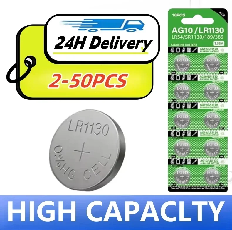 

New2PCS-50PCS 1.55V AG10 LR1130 SR54 389 189 SR1130 D189 LR54 Button Batteries G10A SR1130SW Cell Coin Watch Toys Remote Battery