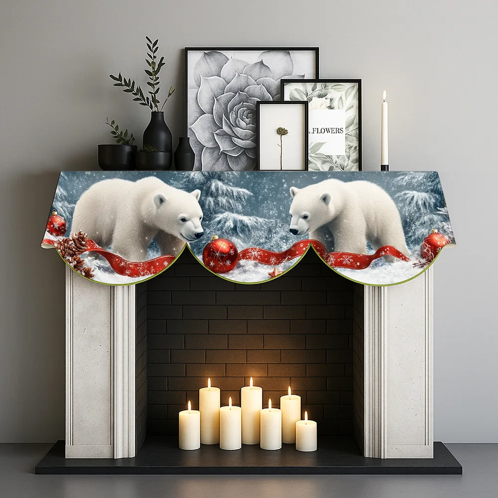 1Pc Christmas Fireplace Scarf Decorated with a Polar Bear and Christmas Balls, Suitable as a Festive Fireplace Decoration
