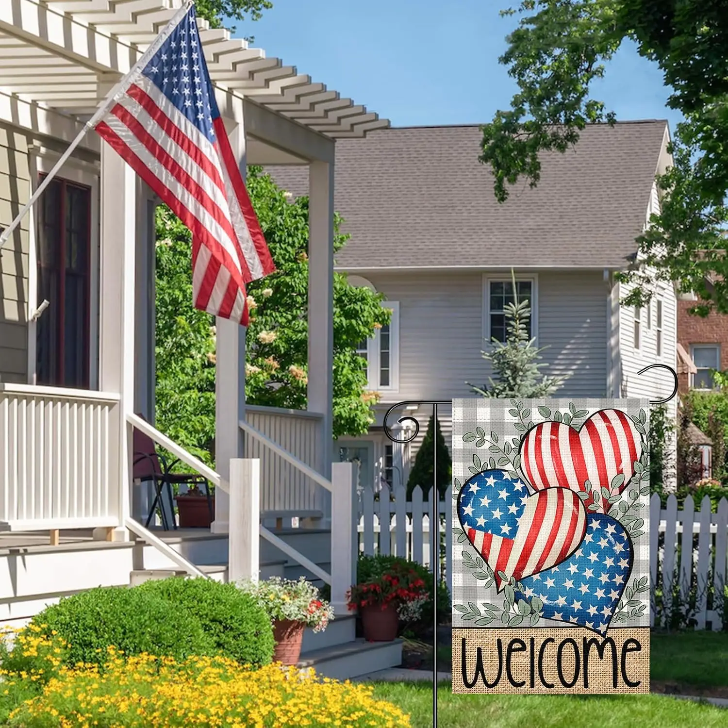 July 4th Independence Day Welcome Garden Flag 12x18 Inch Patriotic Hearts Double Sided Burlap Garden Flag for Outdoor Yard M ZZM