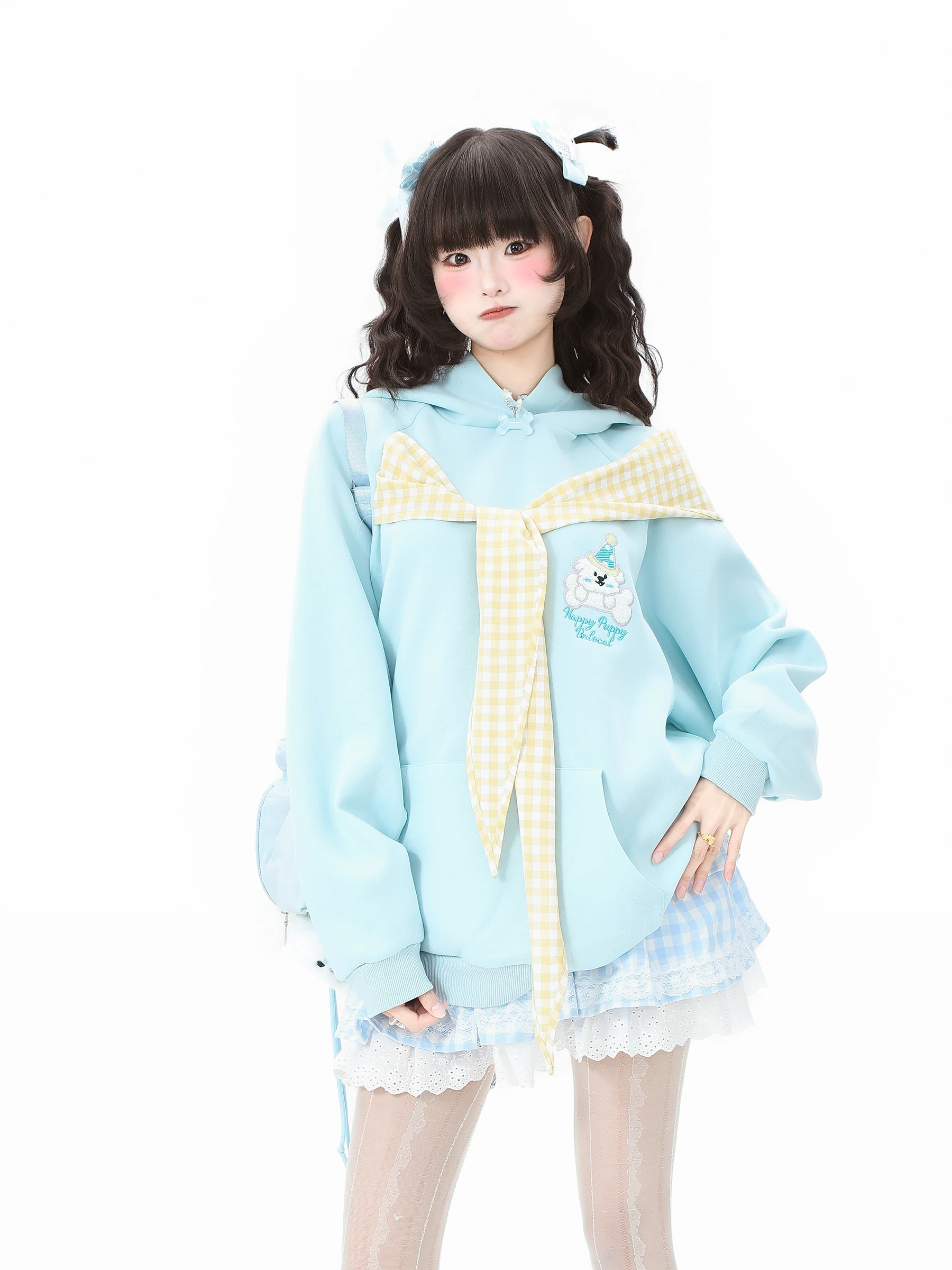 2025 Spring and Autumn New Sweet Blue Bow Tie Hooded Sweatshirt  Apricot Bear Embroidery Top Blue Short Skirt and Pink Shorts