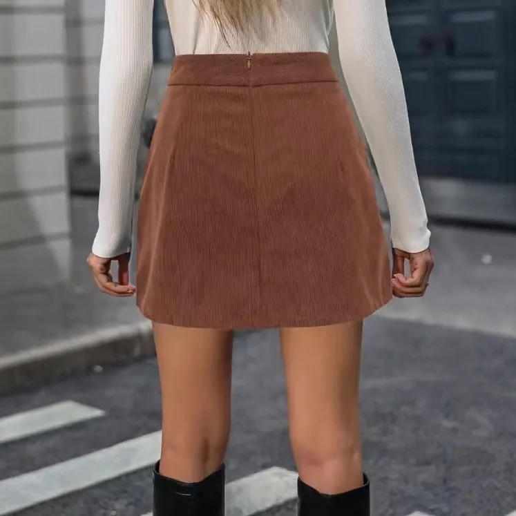 Women's Corduroy Mini Skirt High Waist A Line Silhouette Hidden Back Zipper Versatile Commute Casual Daily Wear Slim Short Skirt