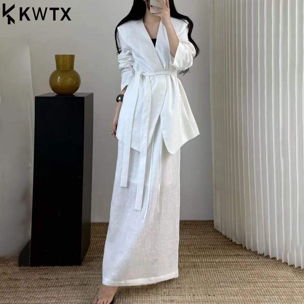 

KWTX Women’s Solid Color Two Piece Set Lace Up V Neck Blazer with Elastic Waist Skirt Casual Elegant Slim Fit Spring Summer 2025