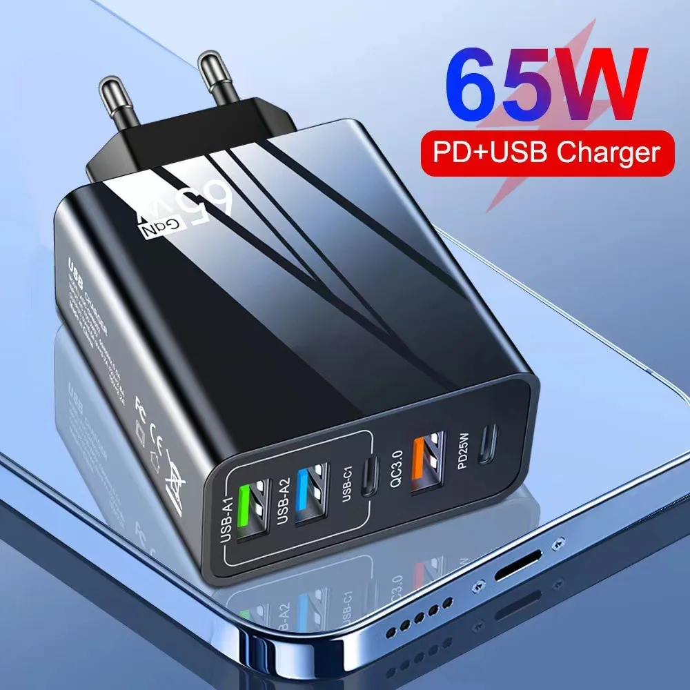 For New Durable 65W PD Type C Charger Dock 5-Ports Multi Interface Phone Charger Fast Charging EU/UK Plug USB Charger Station