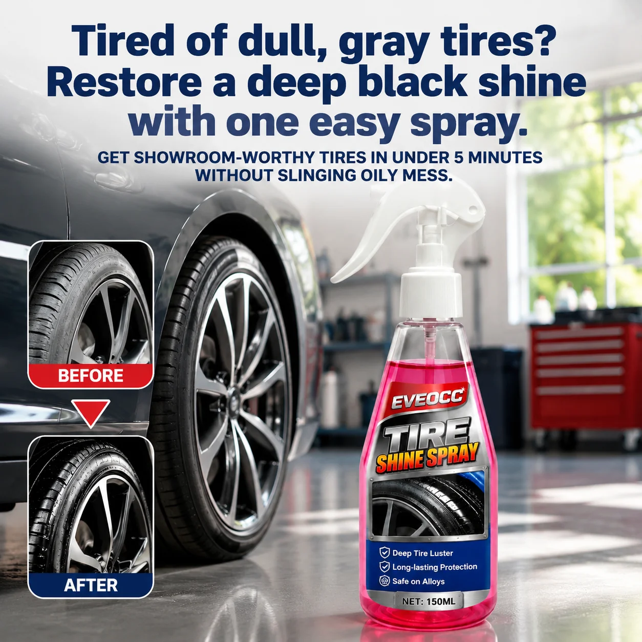 150ml Car Tire Shine Spray, Long Lasting Gloss Protection Agent Deep Luster for Rubber Tires & Alloy Rims