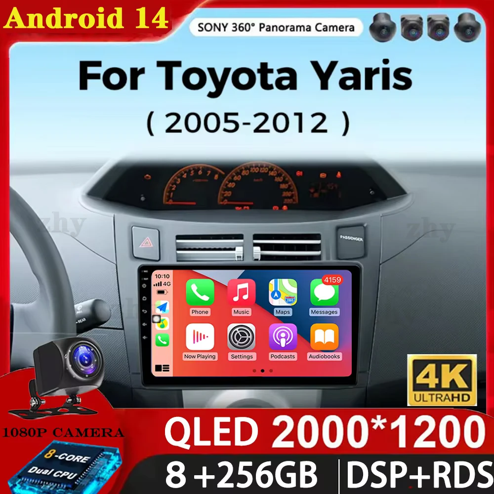 Rádio do carro para Toyota Yaris, XP90 2005-2012, tela táctil, Android 14, navegação de GPS, 4G, 2din, unidade principal automotivo, 9"