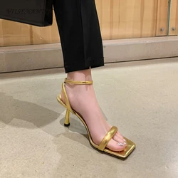 Summer New Gold Square Toe Thin High Heel Sandals for Women One Line Narrow Band Ankle Strap Gladiator Pumps Party Wedding Shoes